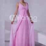 Pink V-Neck Floor Length Satin Bridesmaid Dress